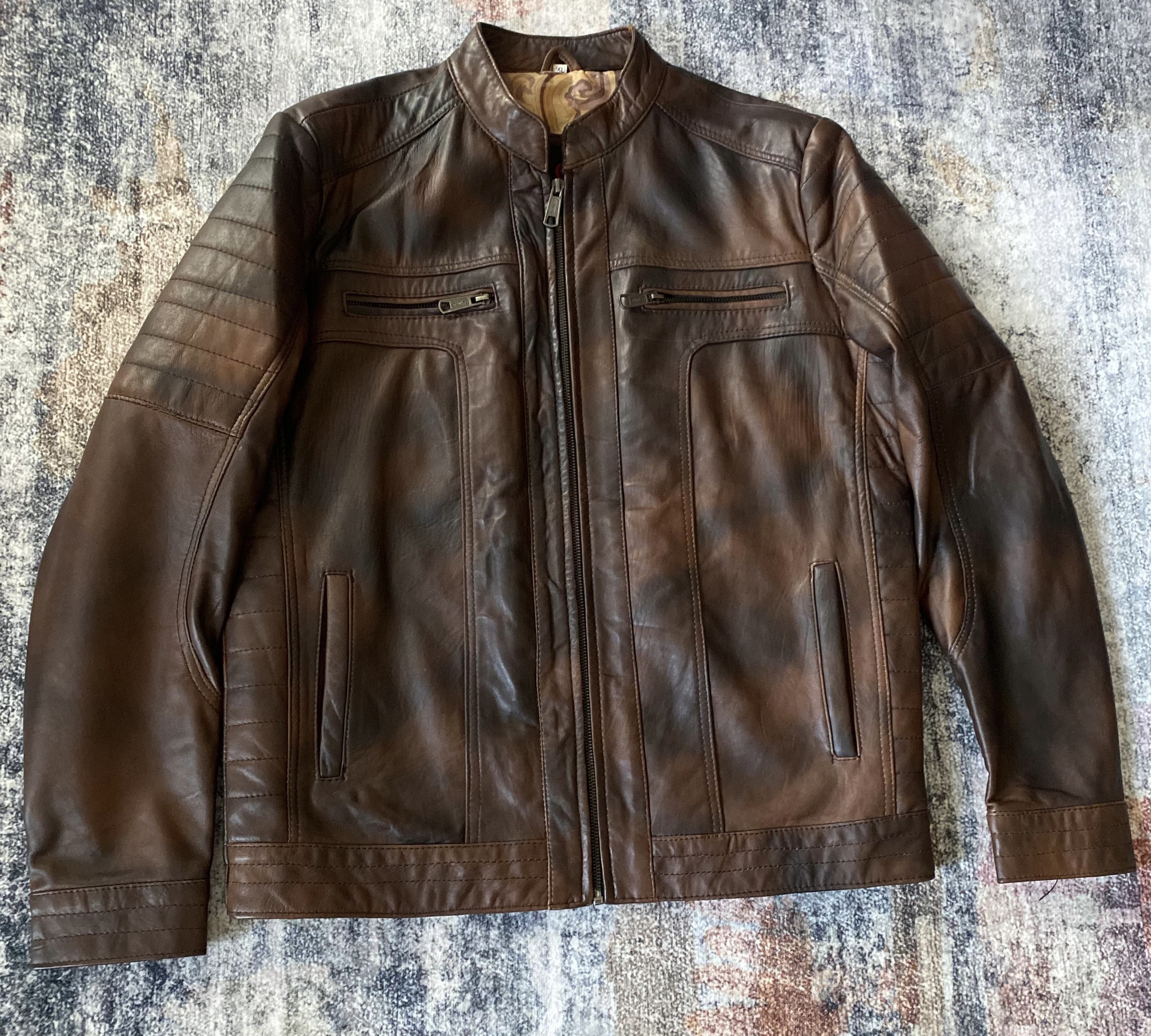 Men Brown Slim Fit Genuine Leather Jacket 