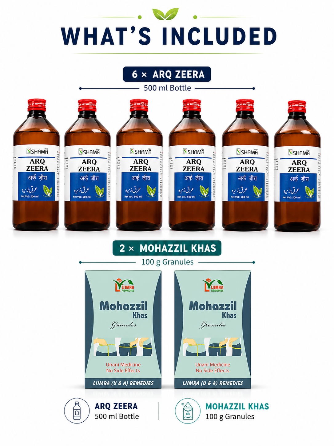 Weight Management Combo Pack – Mohazzil Khas Granules + Arq Zeera (6 Bottles + 2 Packs)