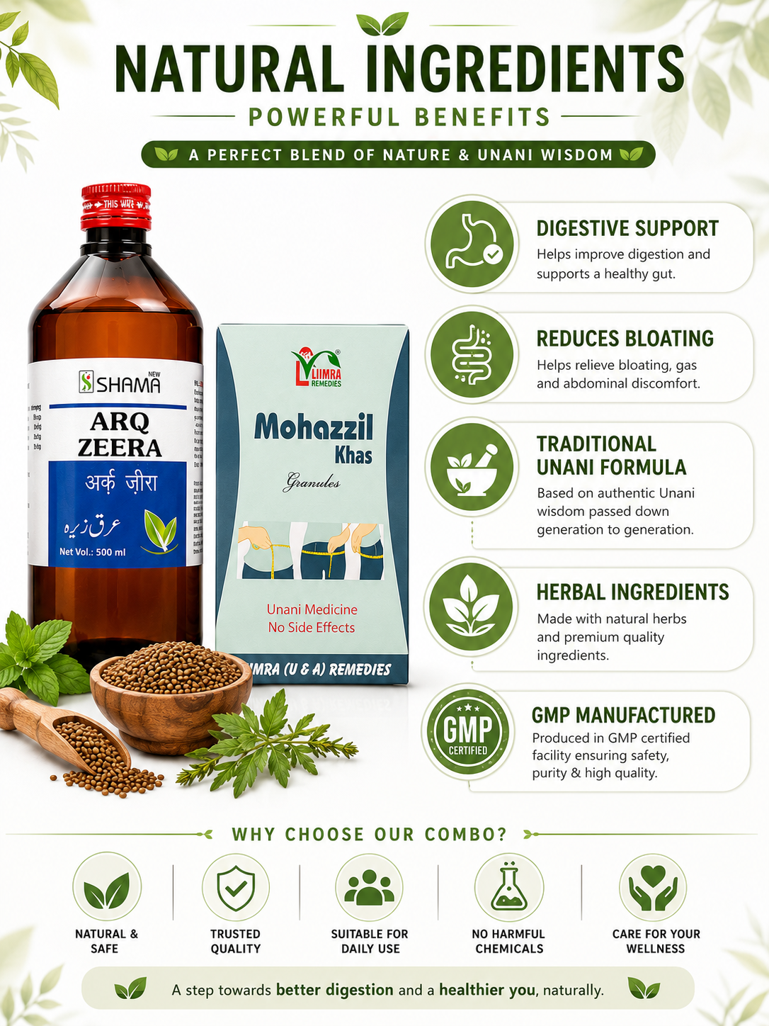 Weight Management Combo Pack – Mohazzil Khas Granules + Arq Zeera (6 Bottles + 2 Packs)